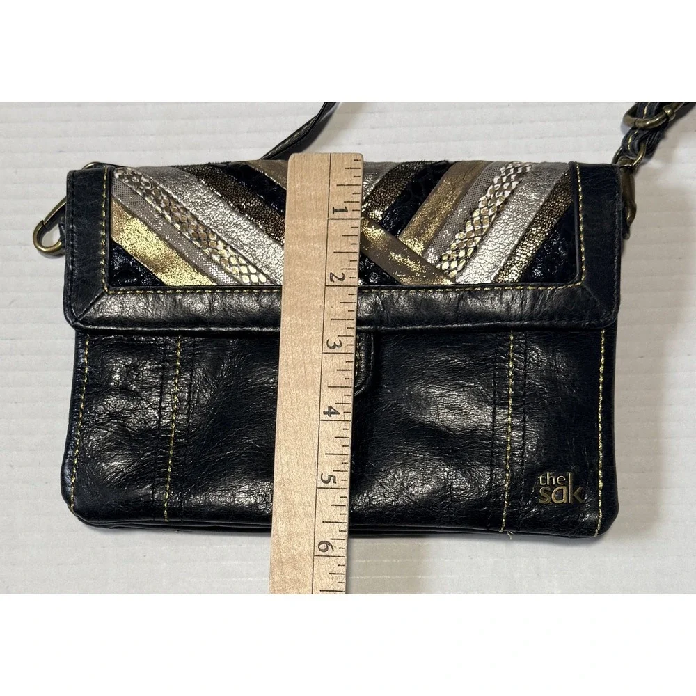 THE SAK Black Leather Crossbody‎ Evening Bag Purse Gold Metallic Snakeskin